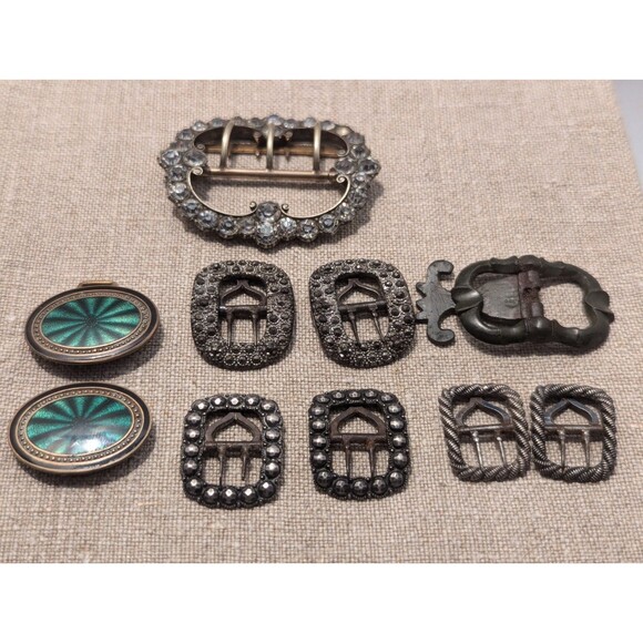 19th C. Lot Of Shoe Clips Rhinestone Enamel - Picture 1 of 15